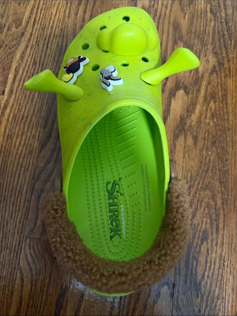 CROCS X Shrek Neon Lime Green Clog Sandals with Brown Fuzzy Heel Strap